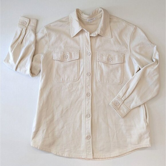 Good American Oversize Women's Shacket Cotton Fleece Jacket Size 3/4 Cream - Picture 3 of 9